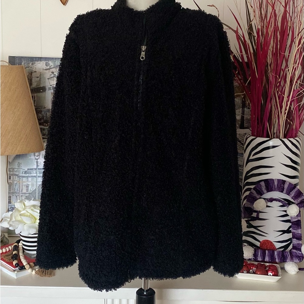J. Jill Black Teddy Sherpa Jacket Coat Faux Fur Women's Lg Full Zip Classic Chic